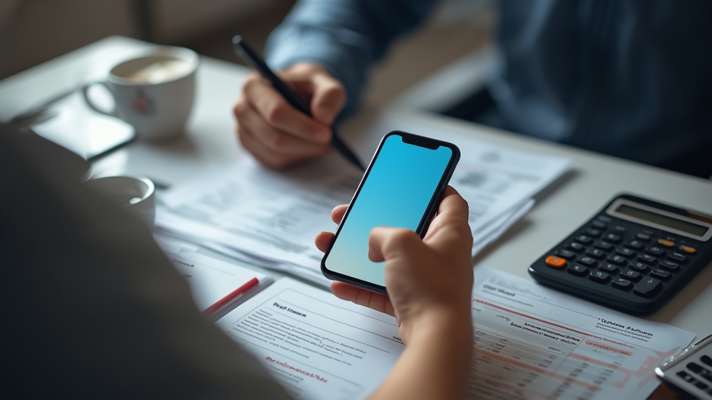 Persona controlla l'app della banca sul telefono mentre è seduta alla scrivania, con estratti conto e calcolatrice, luce naturale