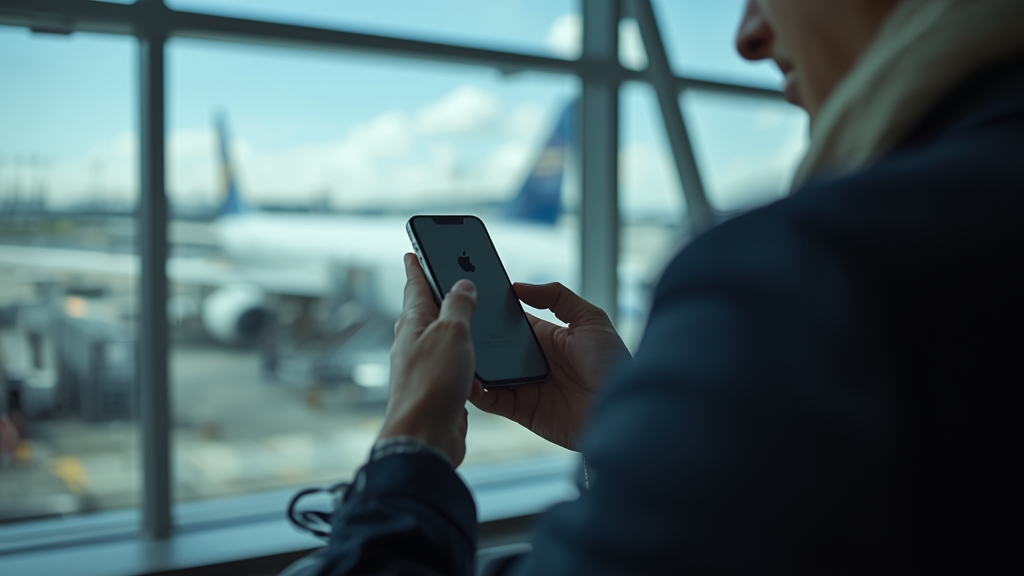 Persona che controlla lo smartphone in aeroporto con un aereo in lontananza, luce naturale, stile reportage