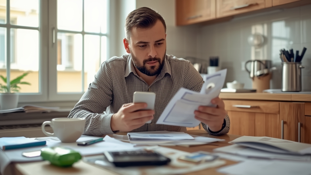 Lavoratore dipendente controlla il conto estero su smartphone con documenti fiscali sul tavolo