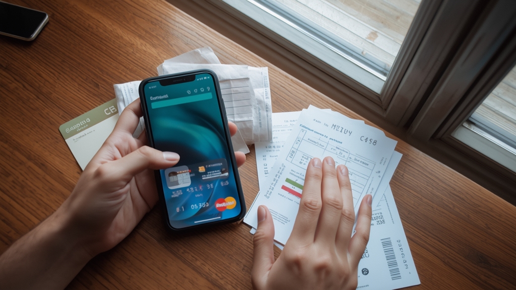 Persona che controlla il telefono con una carta di credito e ricevute sul tavolo, luce naturale