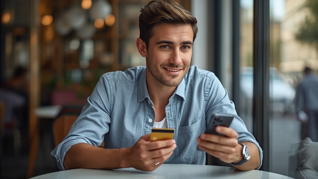 Giovane freelance italiano con smartphone e carta di credito dorata sul tavolo di un bar, luce naturale
