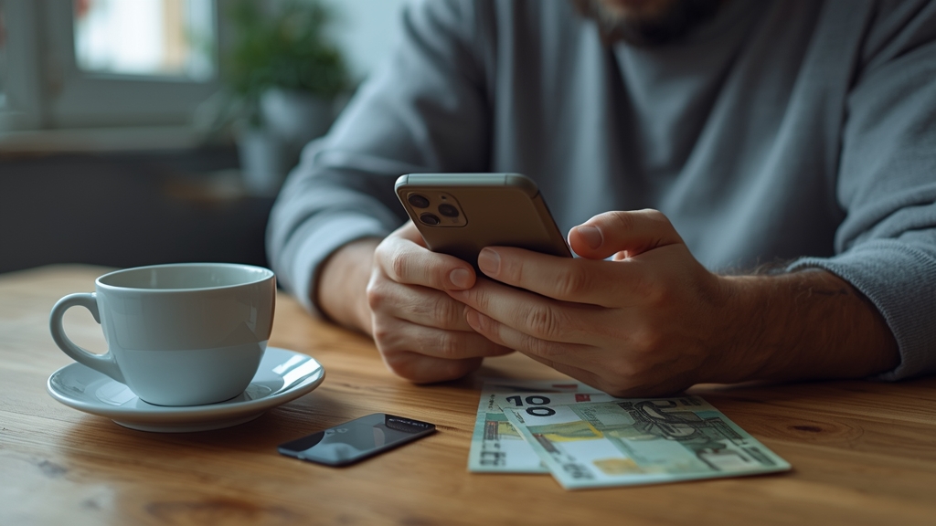 Persona che controlla il telefono con carte di credito e banconote sul tavolo, luce naturale