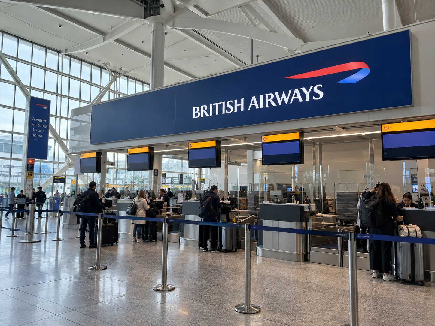 Segnaletica British Airways sopra i banchi del check-in.