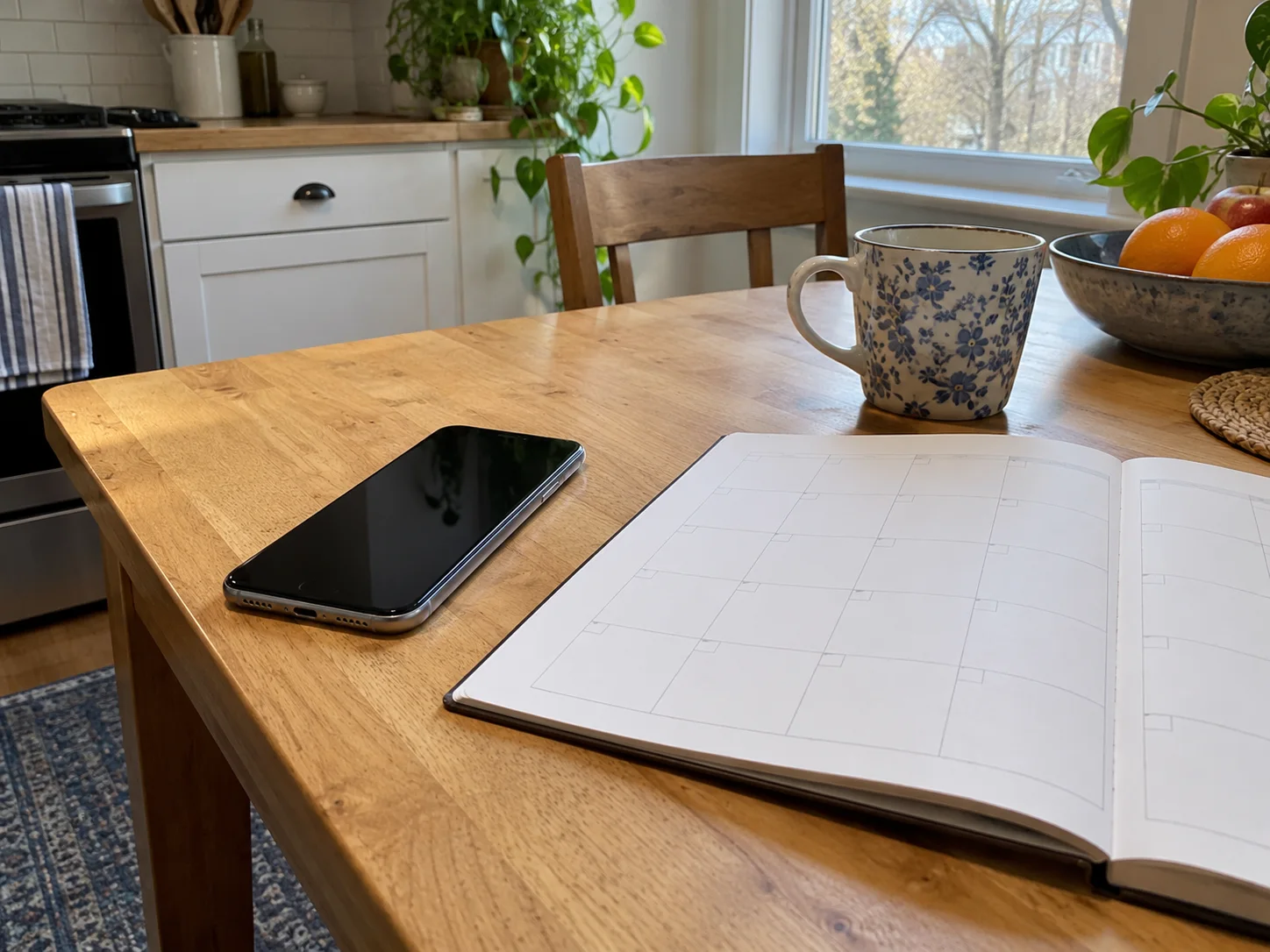 Telefono con schermo spento accanto a un calendario da tavolo.