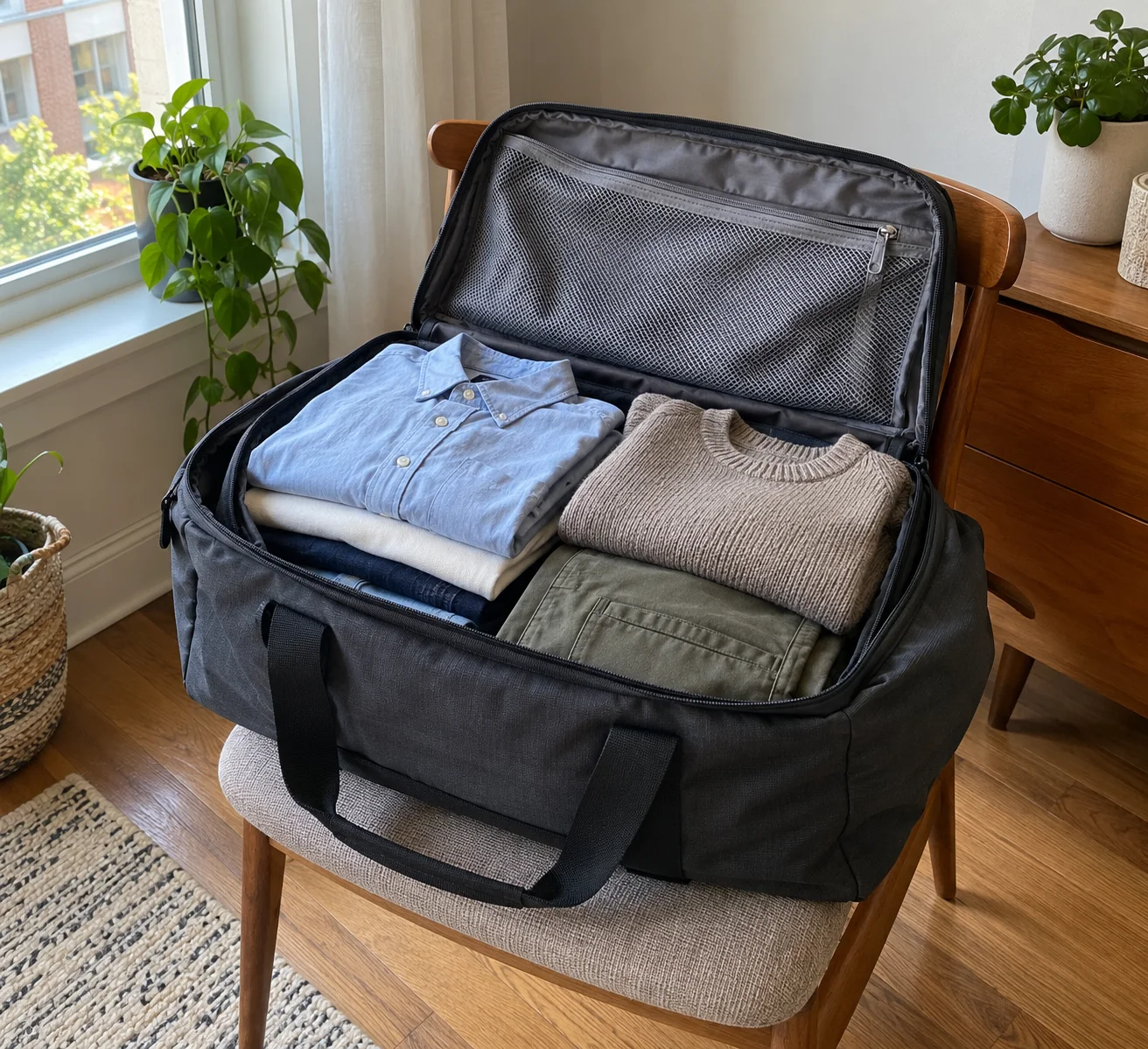 Borsa da viaggio aperta con vestiti piegati prima della partenza.