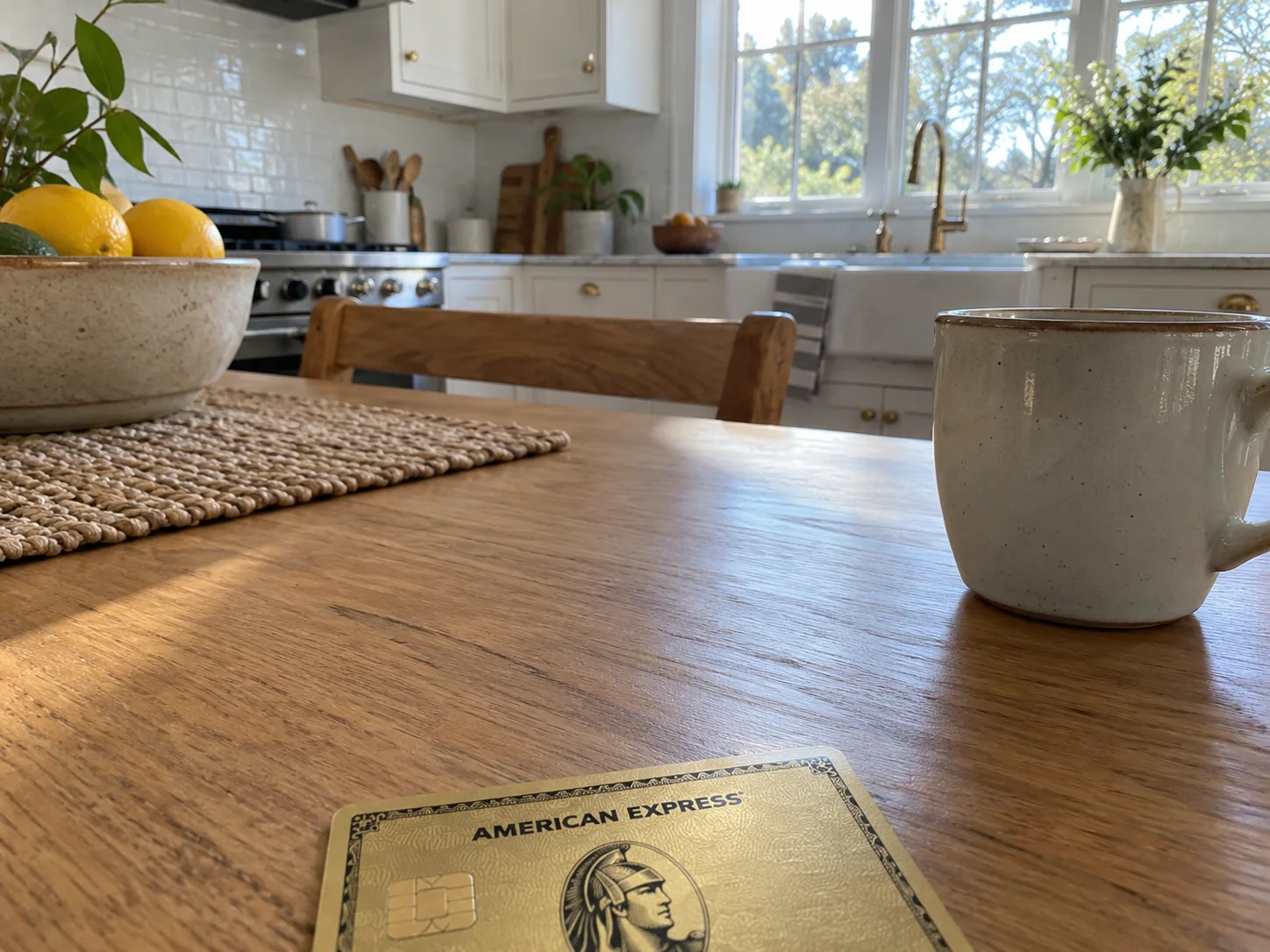 Dettaglio di una carta American Express Gold appoggiata sul tavolo