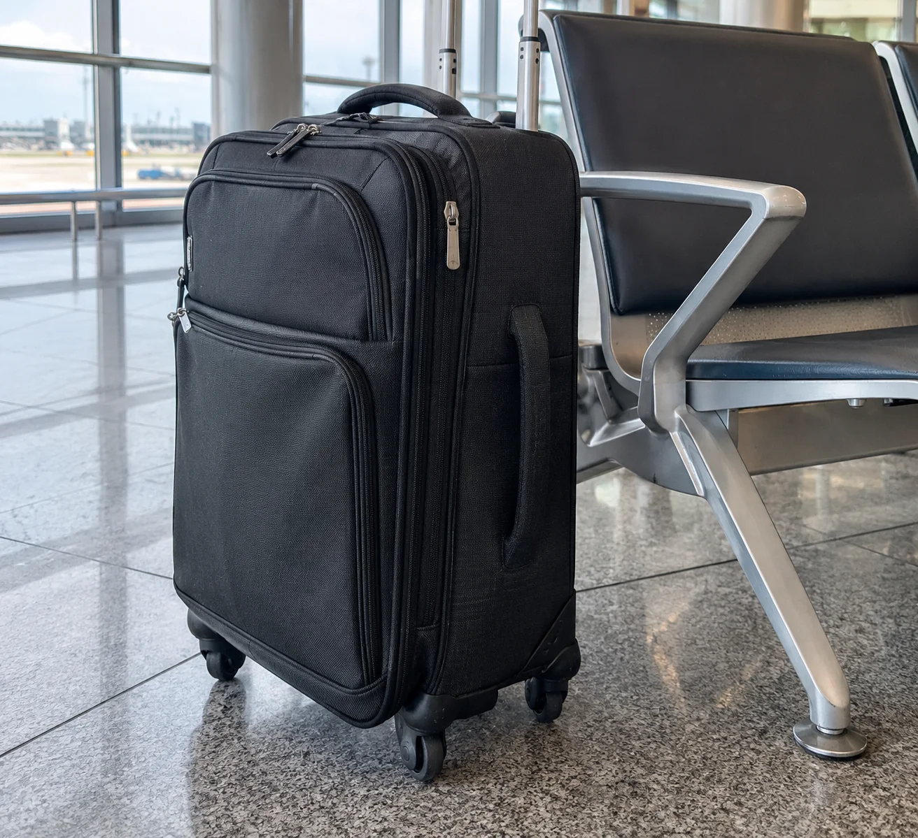 Bagaglio a mano accanto a una seduta in aeroporto