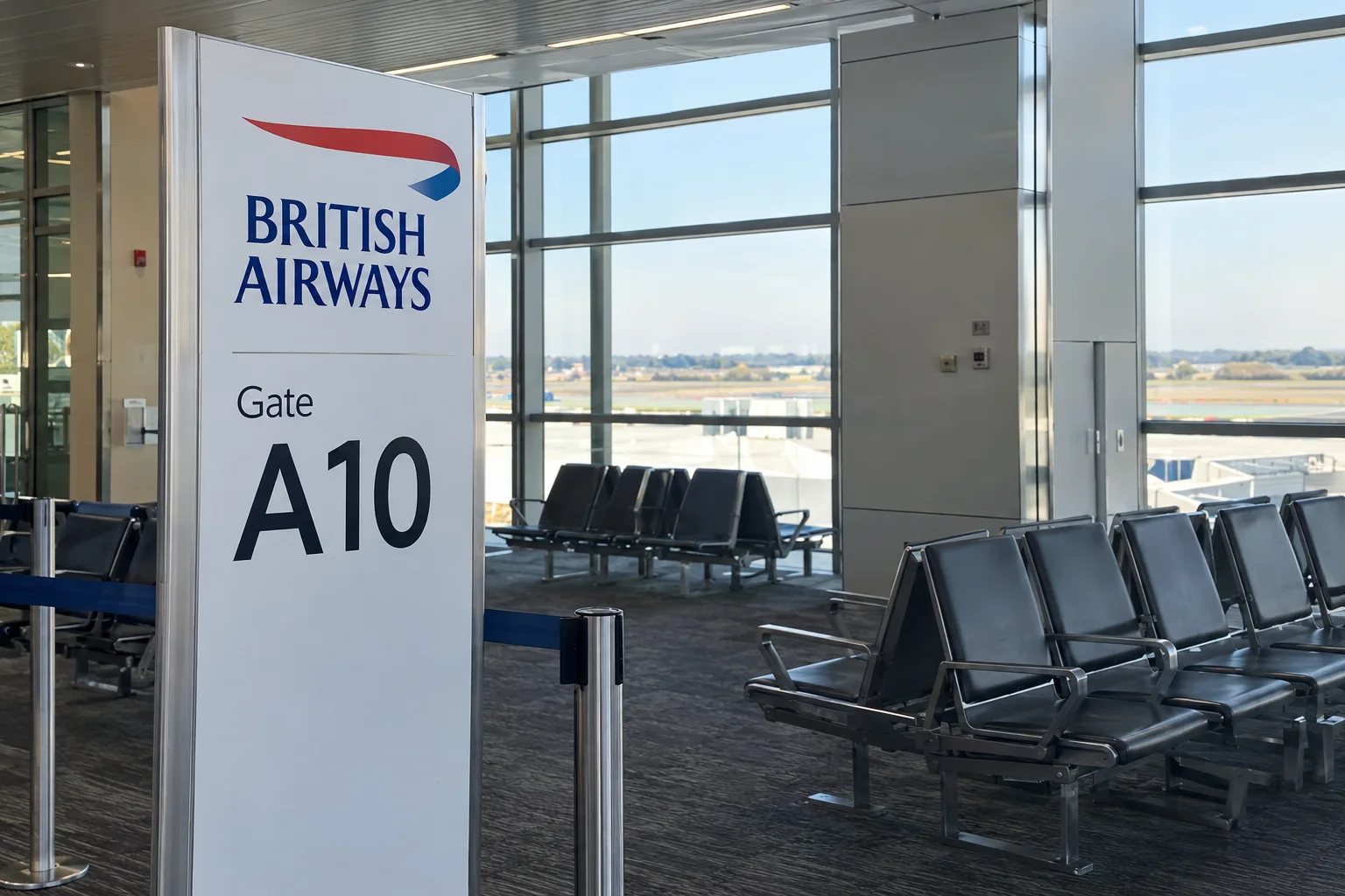 Insegna British Airways presso un gate aeroportuale
