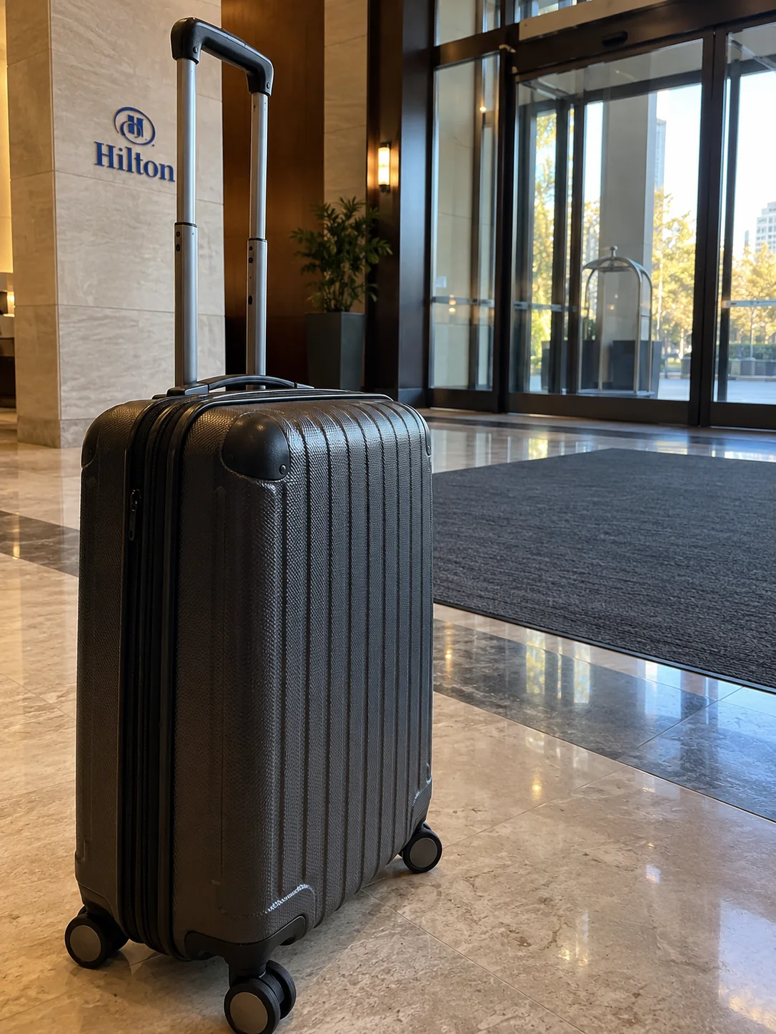 Valigia vicino all’uscita della hall Hilton al mattino.