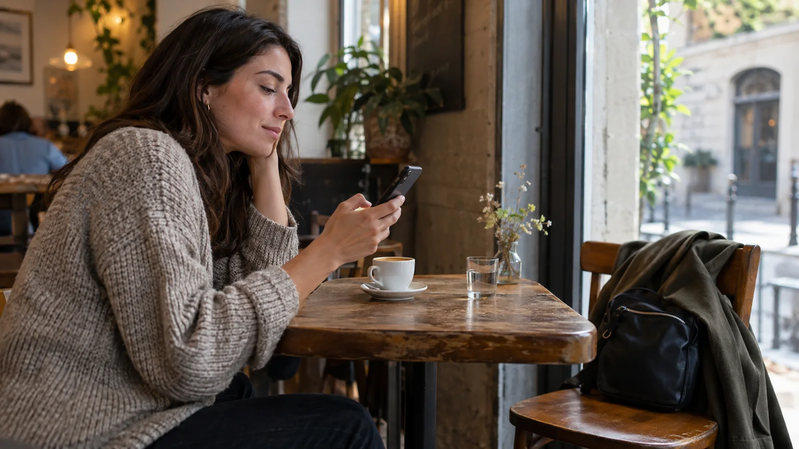 Viaggiatore che controlla il telefono seduto in un bar