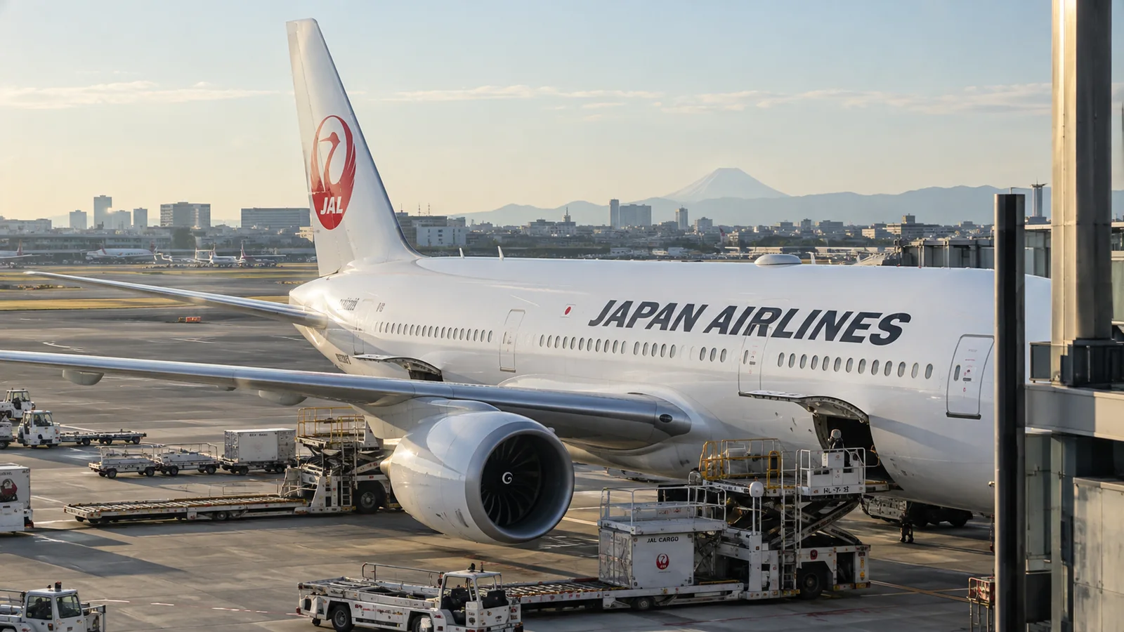 Aereo Japan Airlines al gate con il logo rosso sulla coda