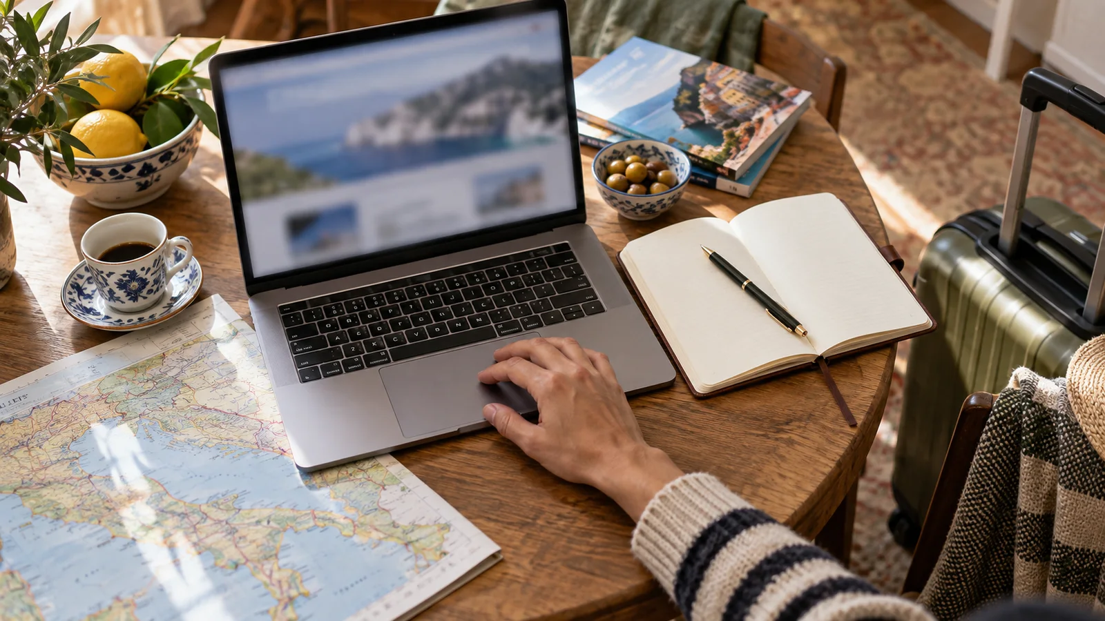 Preparazione di un viaggio con un computer e un quaderno sulla scrivania