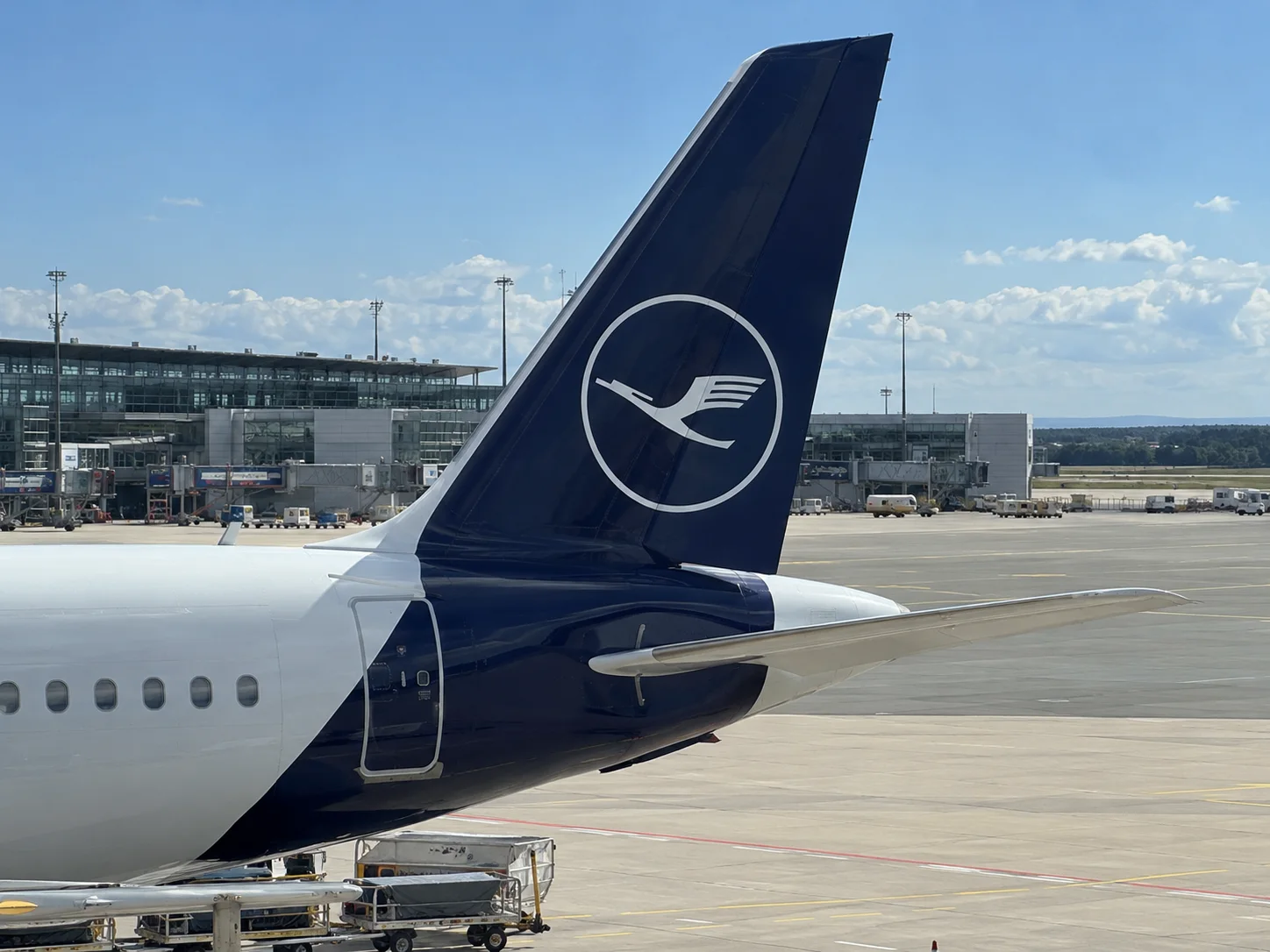 Coda di un aereo Lufthansa vista dalla vetrata del terminal.