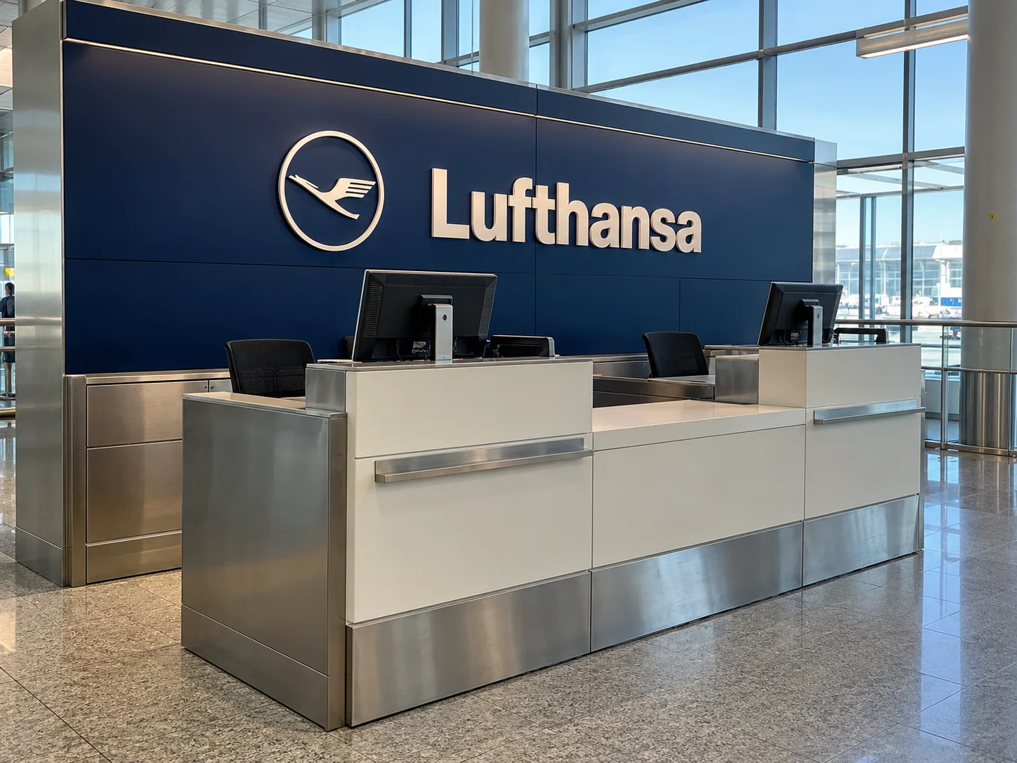 Banco assistenza Lufthansa in aeroporto senza passeggeri.