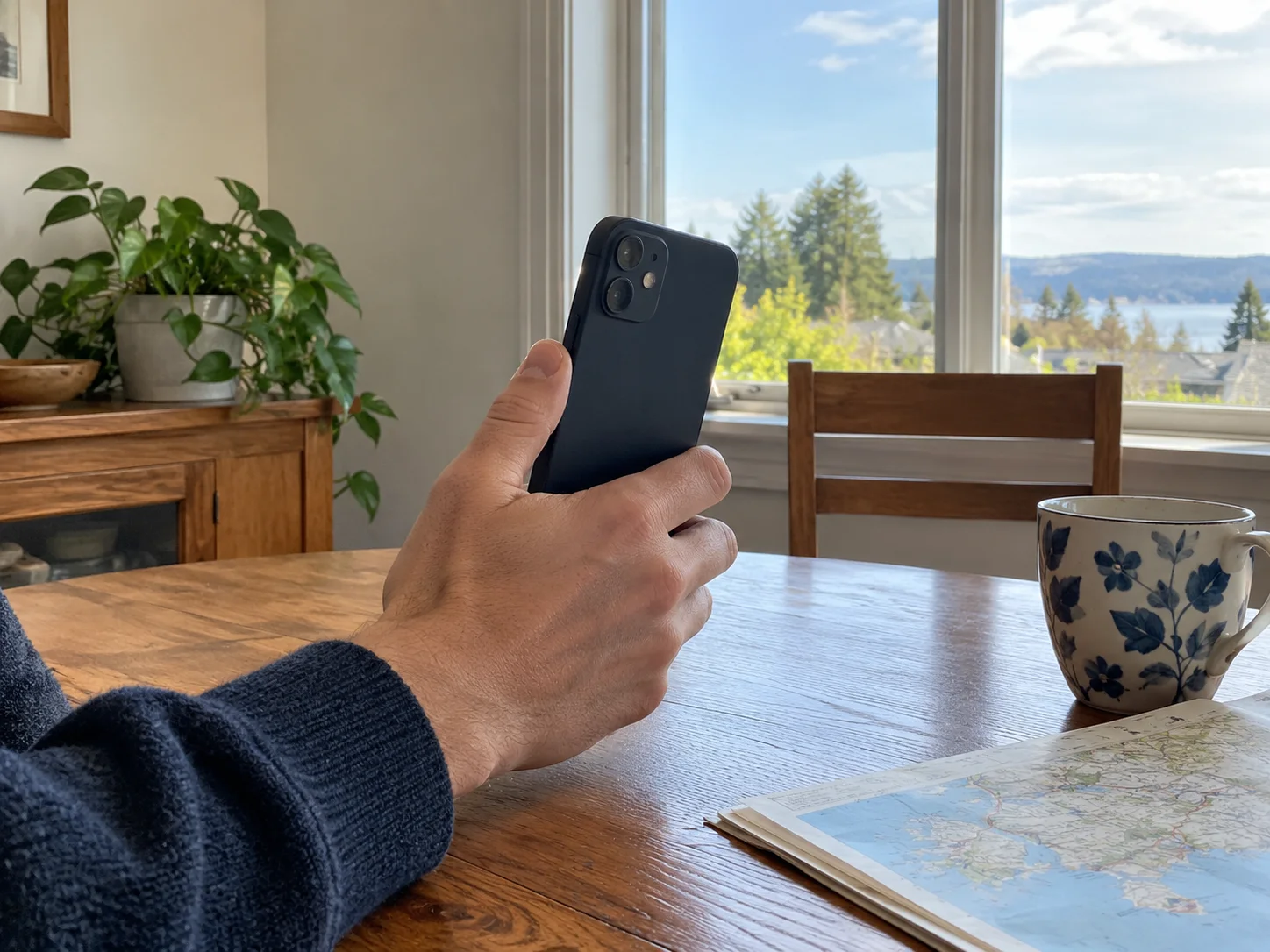 Telefono tenuto al tavolo di casa, con lo schermo rivolto verso chi lo usa.