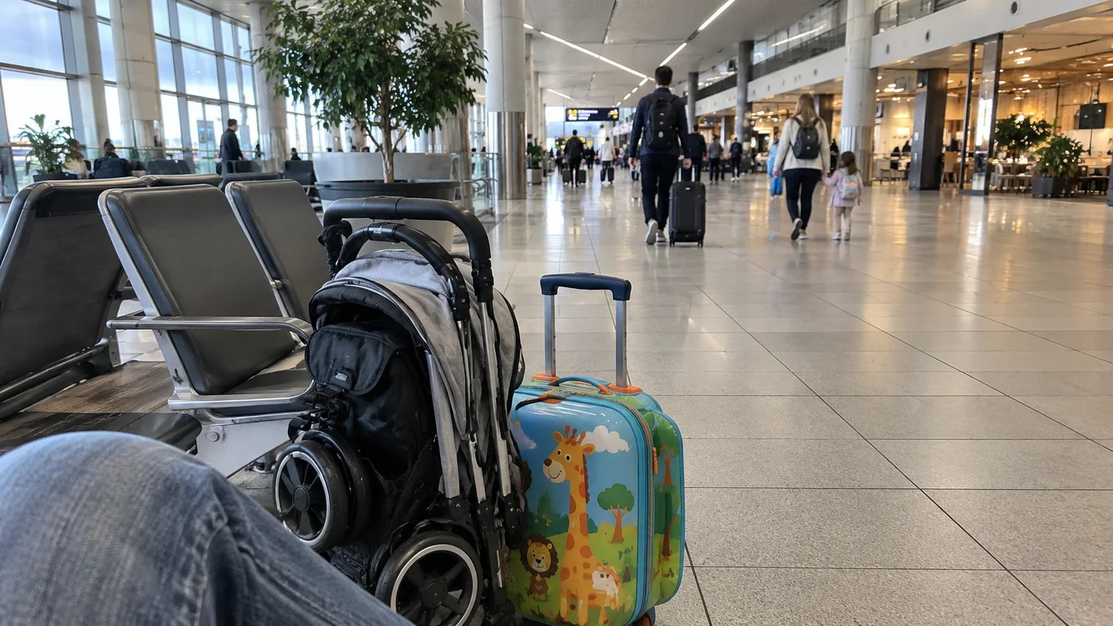 Passeggino piegato e valigia per bambini accanto alle sedute di un terminal aeroportuale