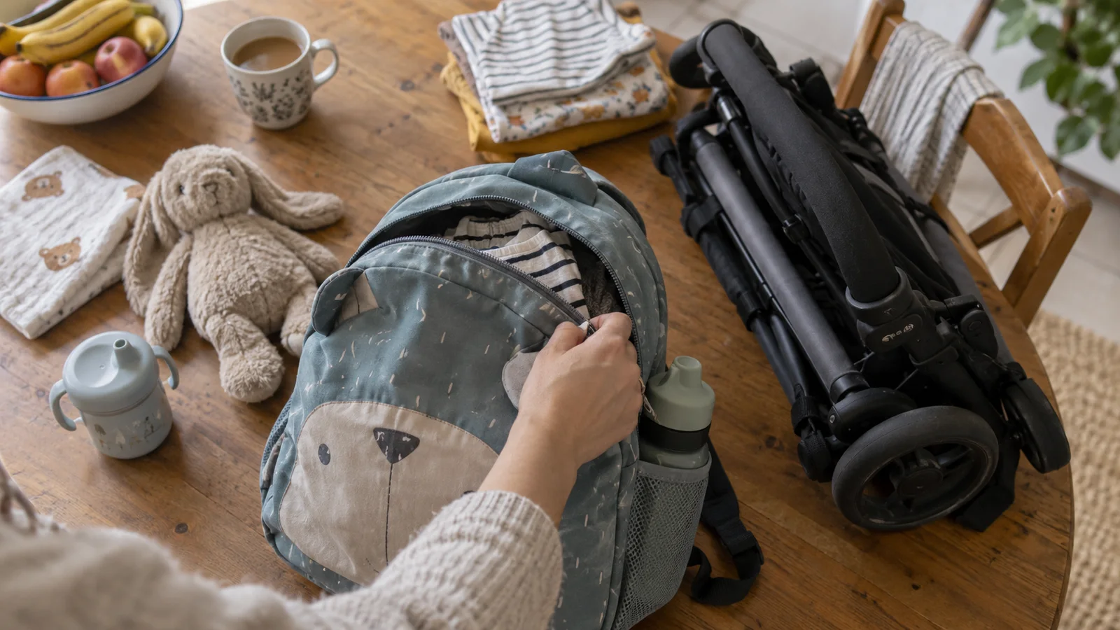 Zainetto per bambini e passeggino durante la preparazione di un viaggio in famiglia